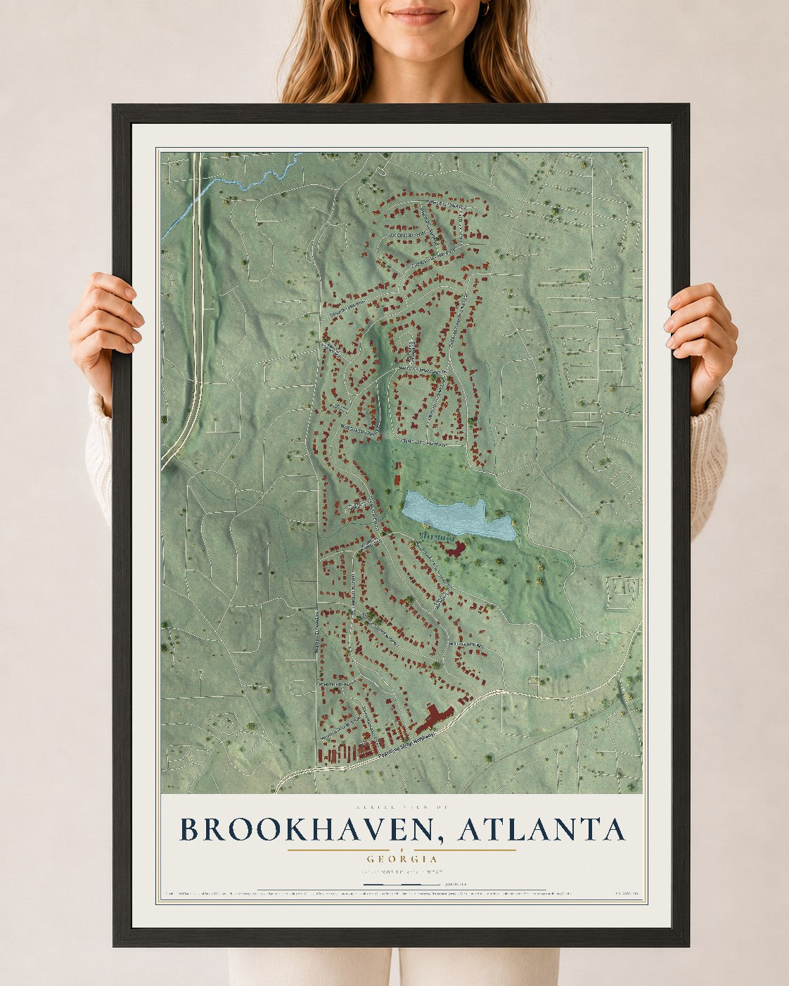 Brookhaven, Atlanta, Georgia map print, 24" x 36" W/ Black Ayous Wood Frame mockup