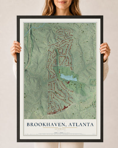 Brookhaven, Atlanta, Georgia map print, 24" x 36" W/ Black Ayous Wood Frame mockup