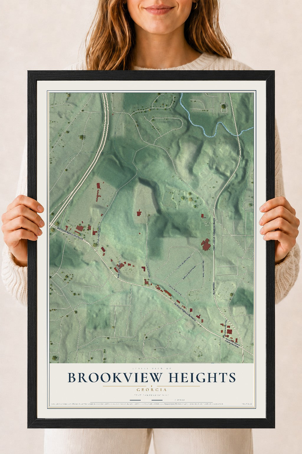 Brookview Heights, Georgia map print, 18" x 24" W/ Black Ayous Wood Frame mockup