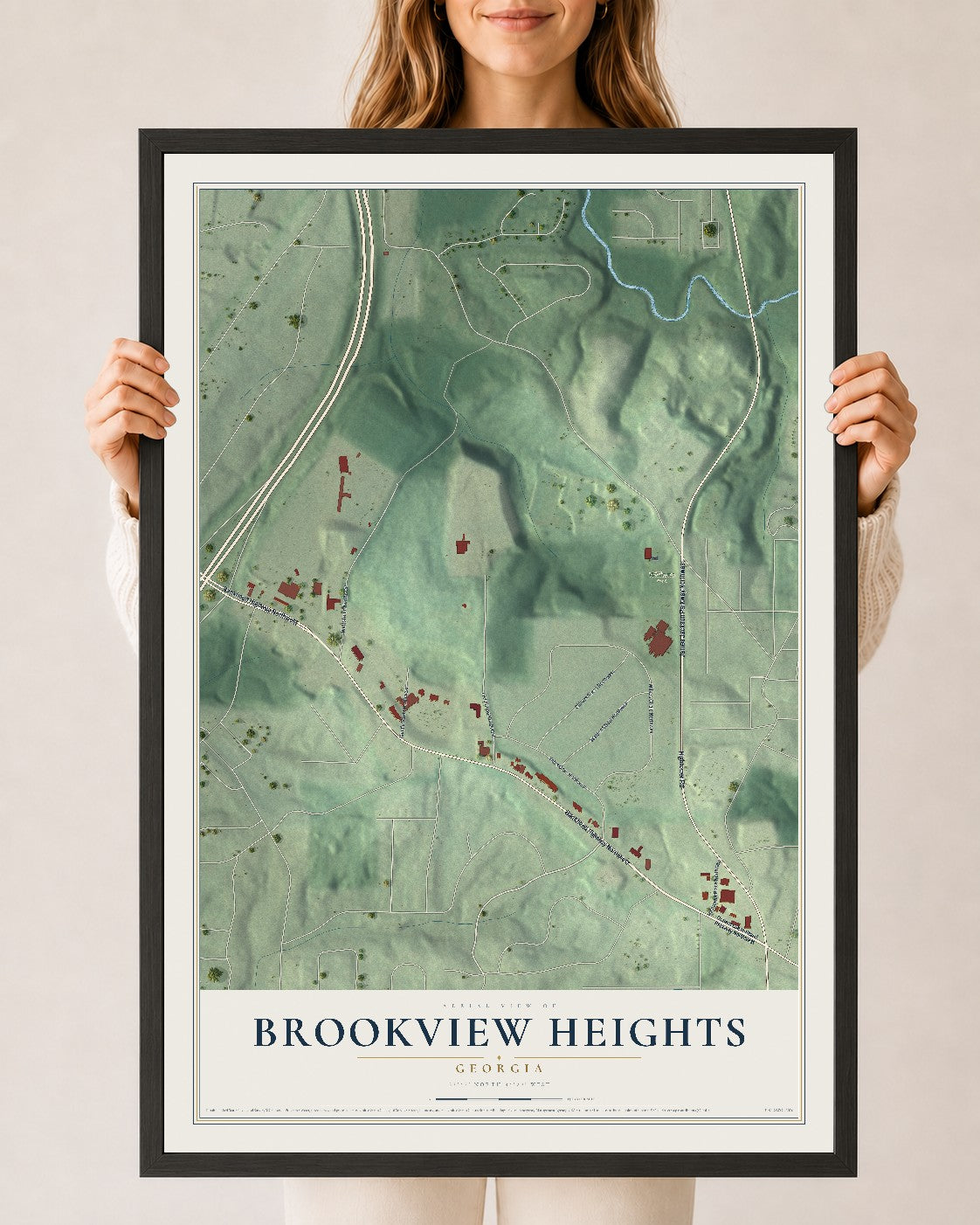 Brookview Heights, Georgia map print, 24" x 36" W/ Black Ayous Wood Frame mockup