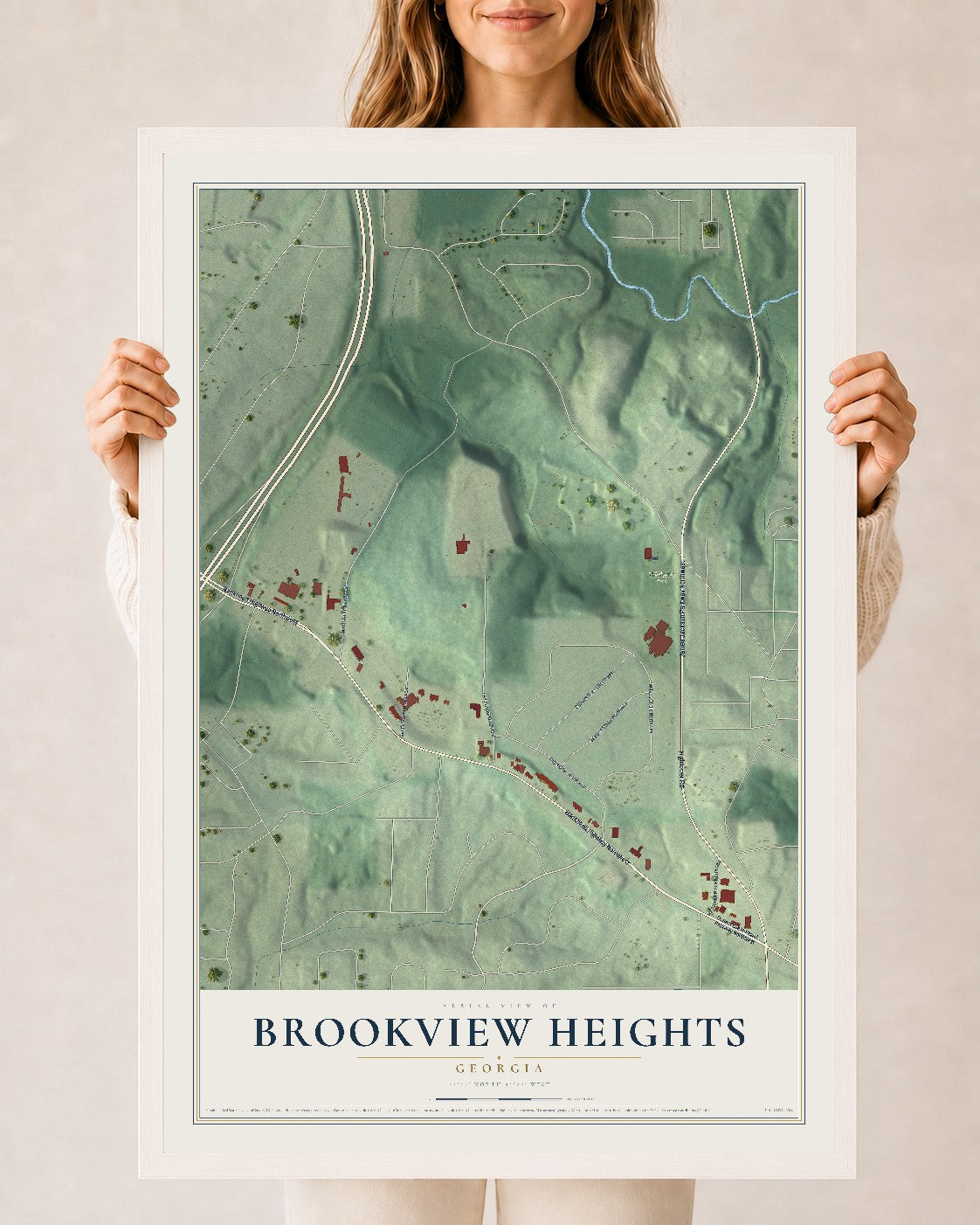 Brookview Heights, Georgia map print, 24" x 36" W/ White Ayous Wood Frame mockup