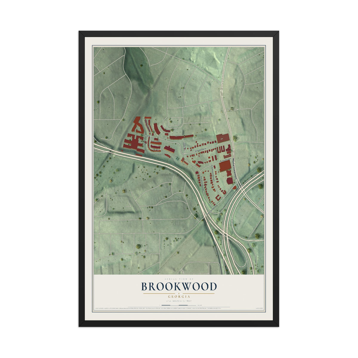 Brookwood, Georgia map print, 12" x 18" W/ Black Ayous Wood Frame mockup