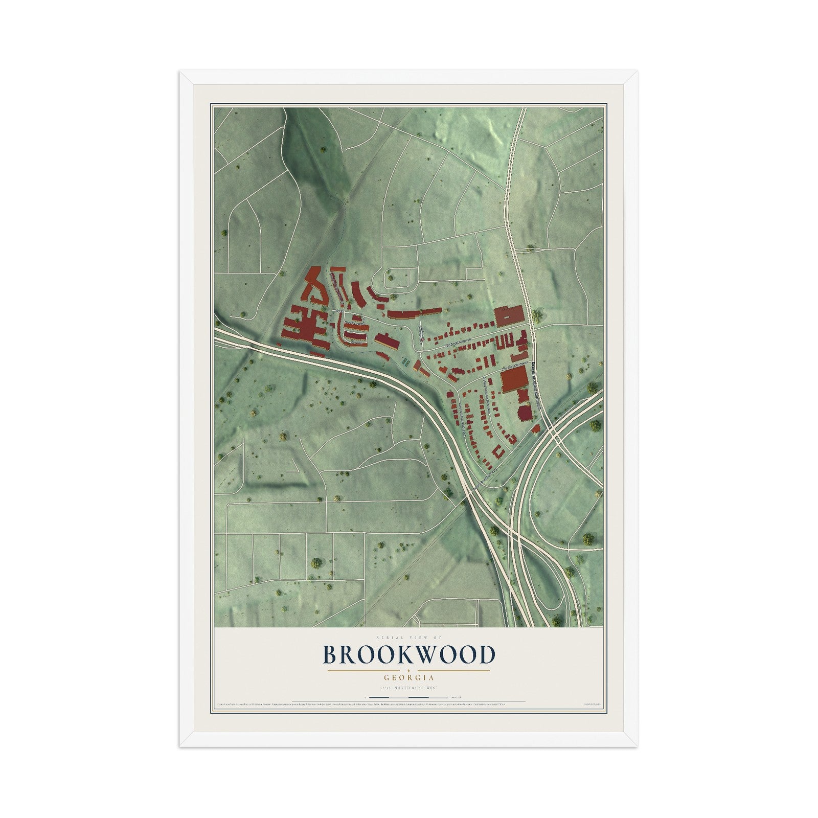 Brookwood, Georgia map print, 12" x 18" W/ White Ayous Wood Frame mockup