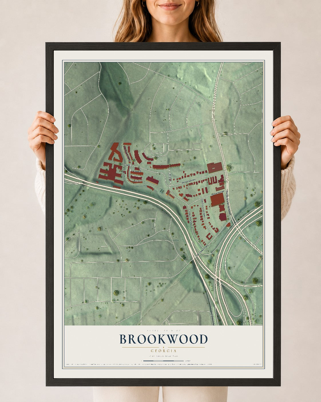 Brookwood, Georgia map print, 24" x 36" W/ Black Ayous Wood Frame mockup