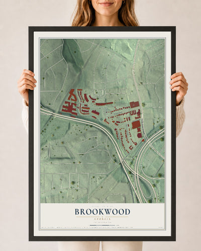 Brookwood, Georgia map print, 24" x 36" W/ Black Ayous Wood Frame mockup
