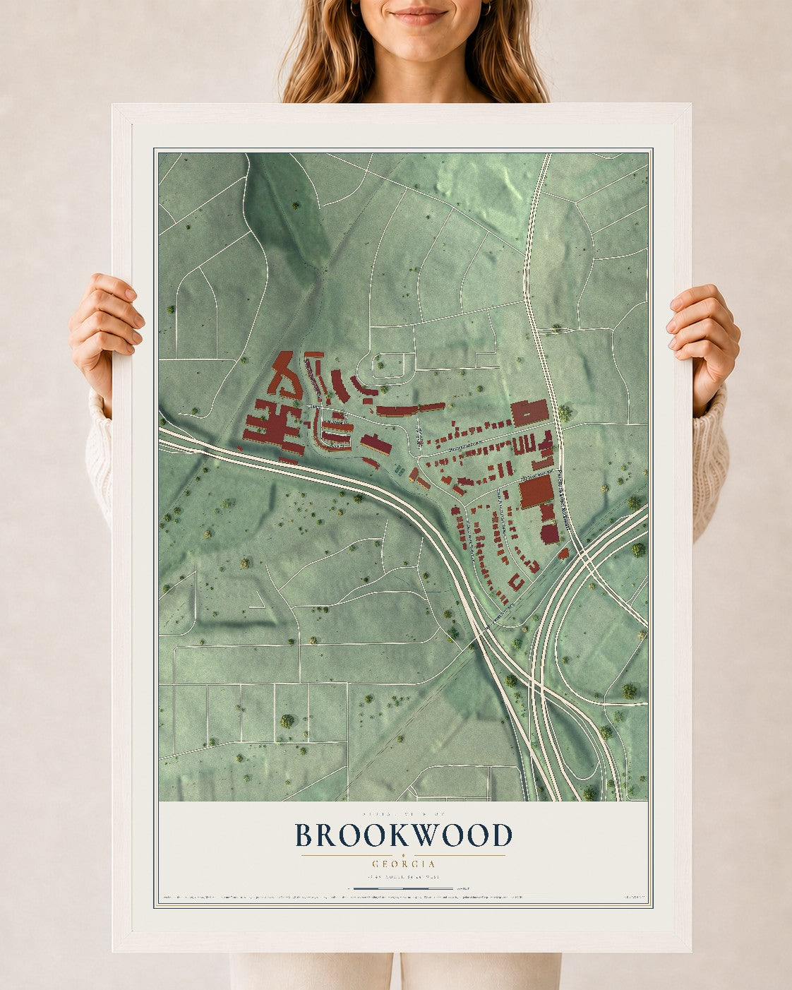 Brookwood, Georgia map print, 24" x 36" W/ White Ayous Wood Frame mockup