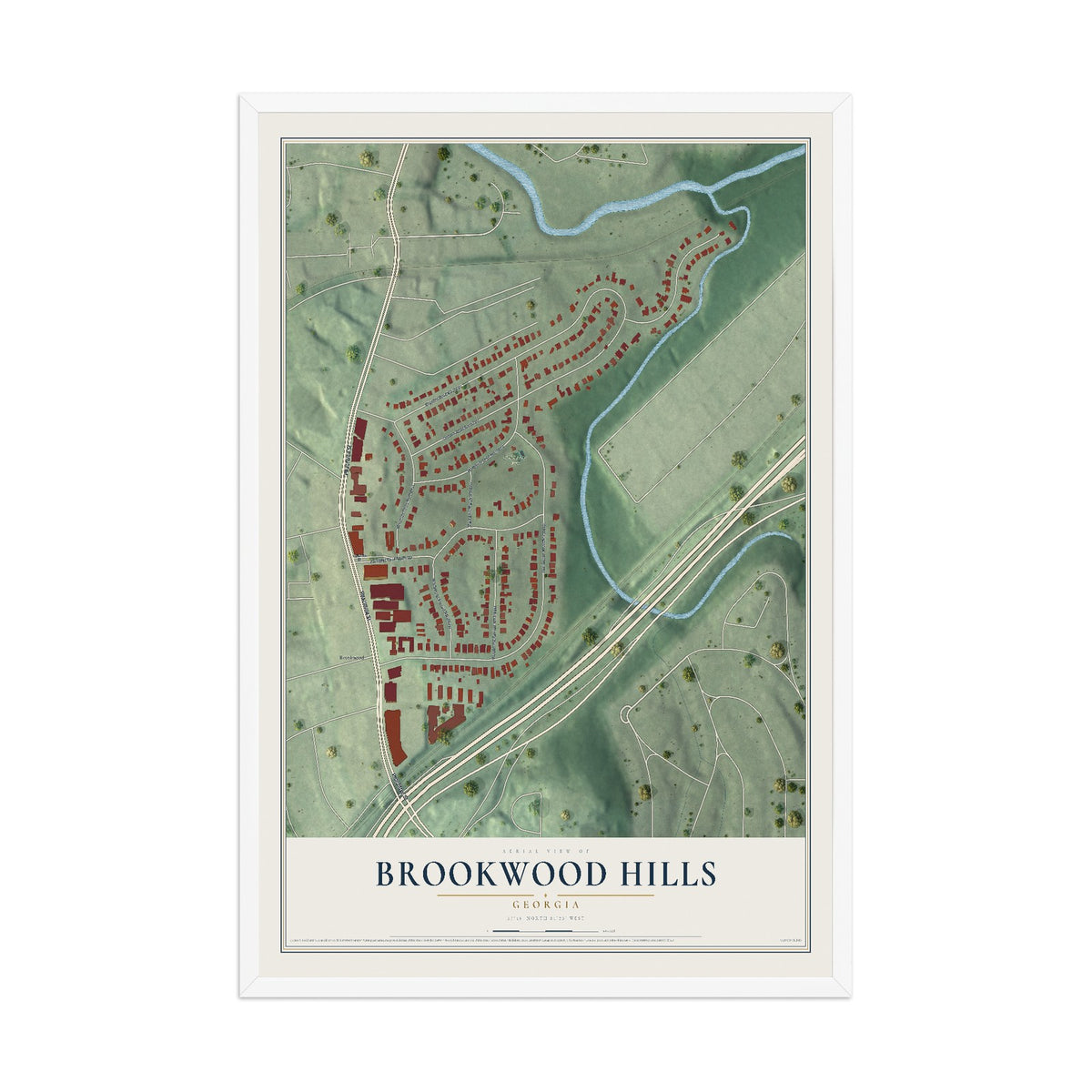 Brookwood Hills, Georgia map print, 12" x 18" W/ White Ayous Wood Frame mockup