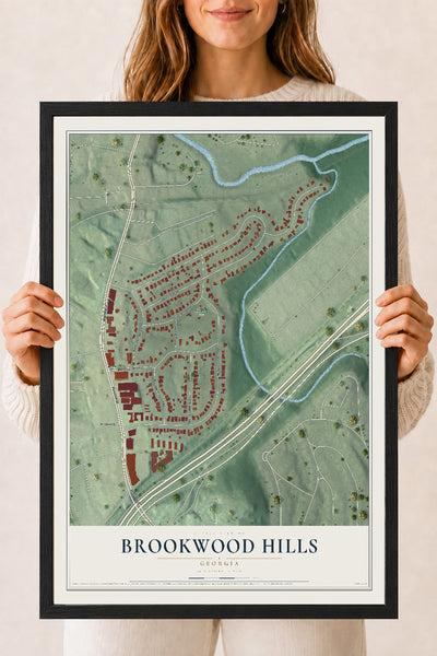 Brookwood Hills, Georgia map print, 18" x 24" W/ Black Ayous Wood Frame mockup