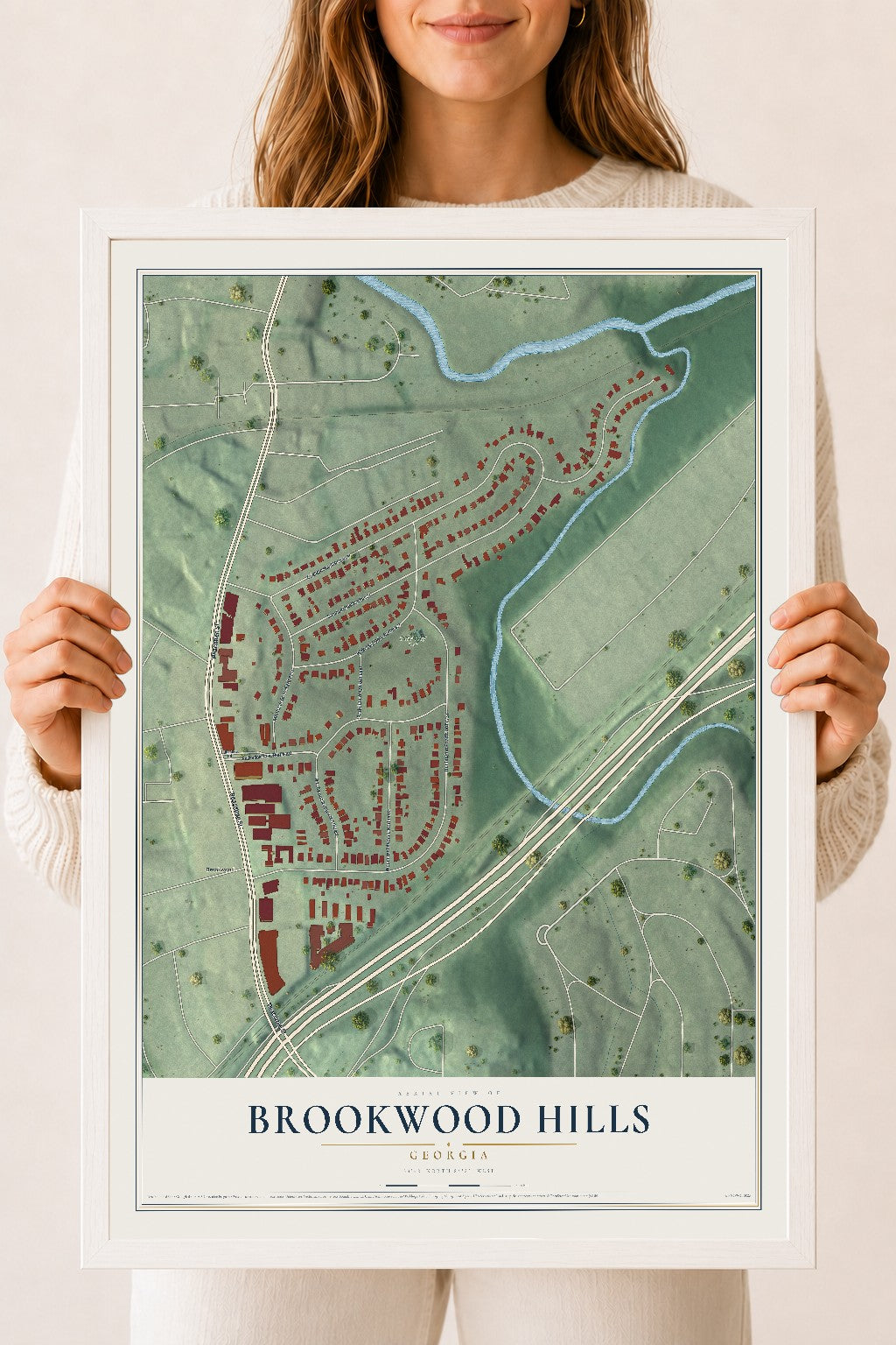 Brookwood Hills, Georgia map print, 18" x 24" W/ White Ayous Wood Frame mockup