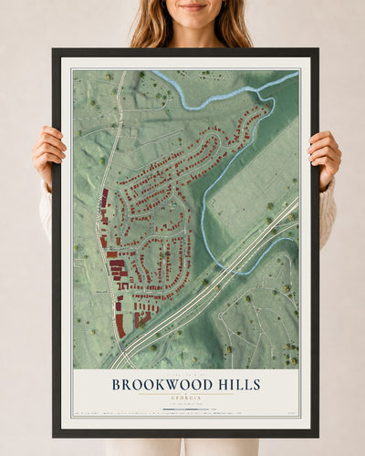 Brookwood Hills, Georgia map print, 24" x 36" W/ Black Ayous Wood Frame mockup