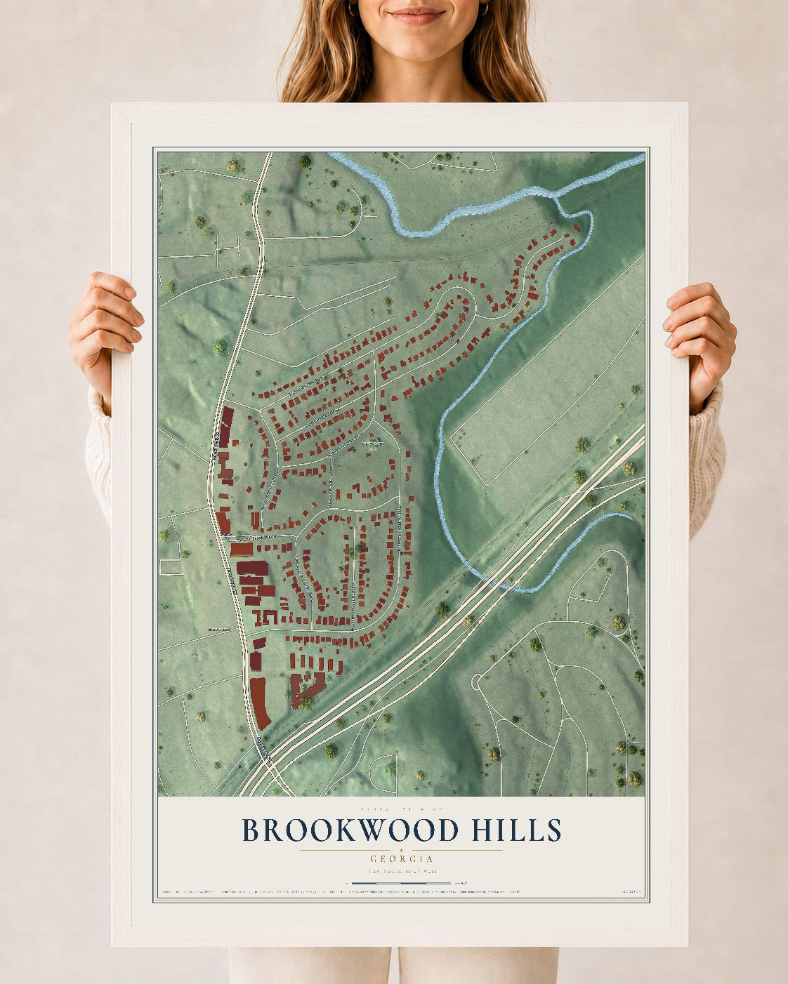 Brookwood Hills, Georgia map print, 24" x 36" W/ White Ayous Wood Frame mockup