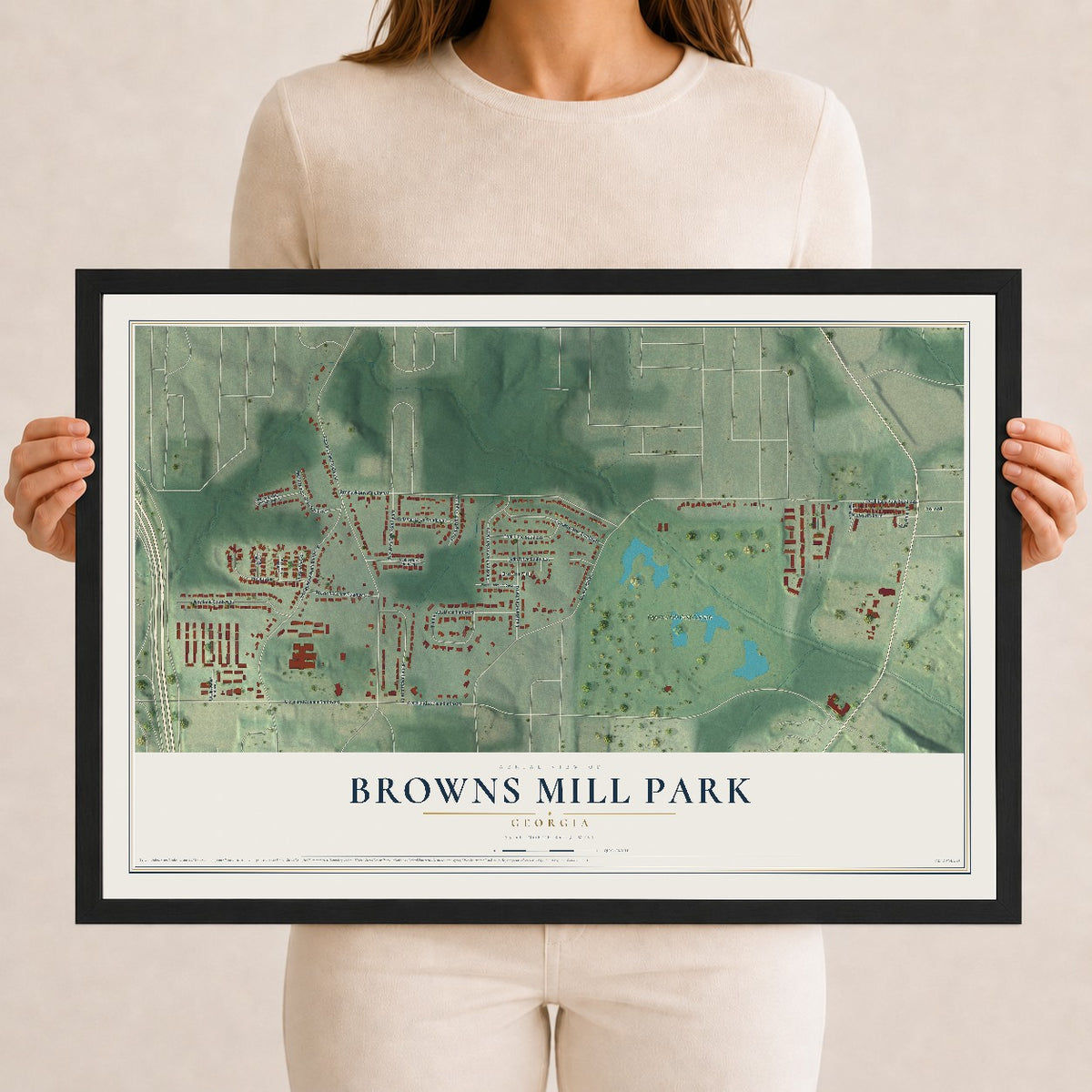 Browns Mill Park, Georgia map print, 12" x 18" W/ Black Ayous Wood Frame mockup