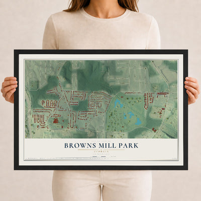 Browns Mill Park, Georgia map print, 12" x 18" W/ Black Ayous Wood Frame mockup