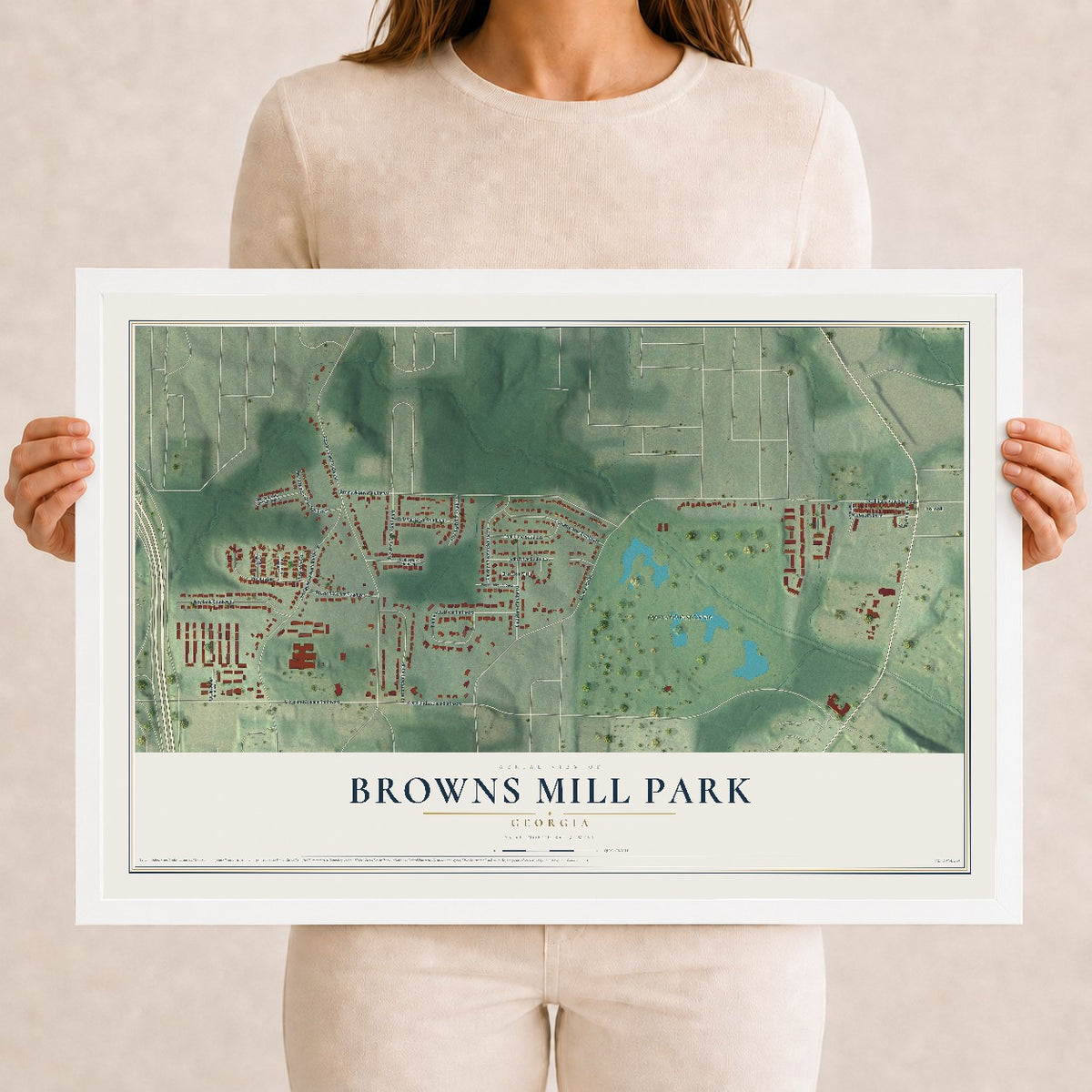 Browns Mill Park, Georgia map print, 12" x 18" W/ White Ayous Wood Frame mockup