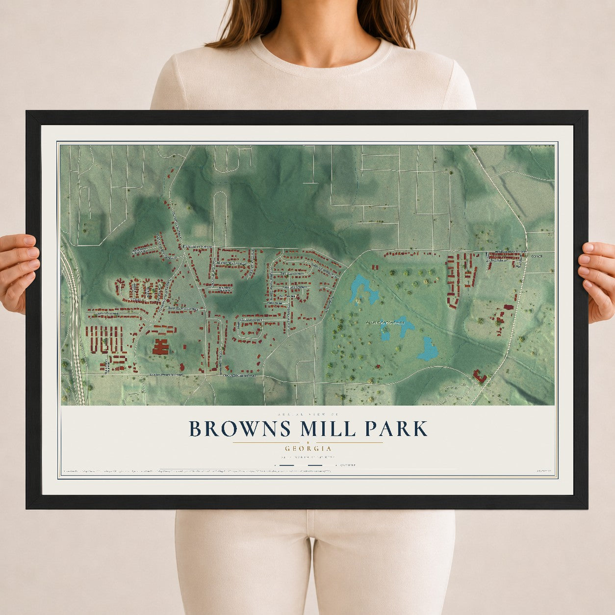 Browns Mill Park, Georgia map print, 18" x 24" W/ Black Ayous Wood Frame mockup