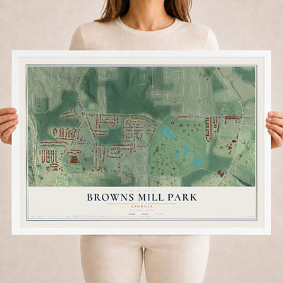 Browns Mill Park, Georgia map print, 18" x 24" W/ White Ayous Wood Frame mockup