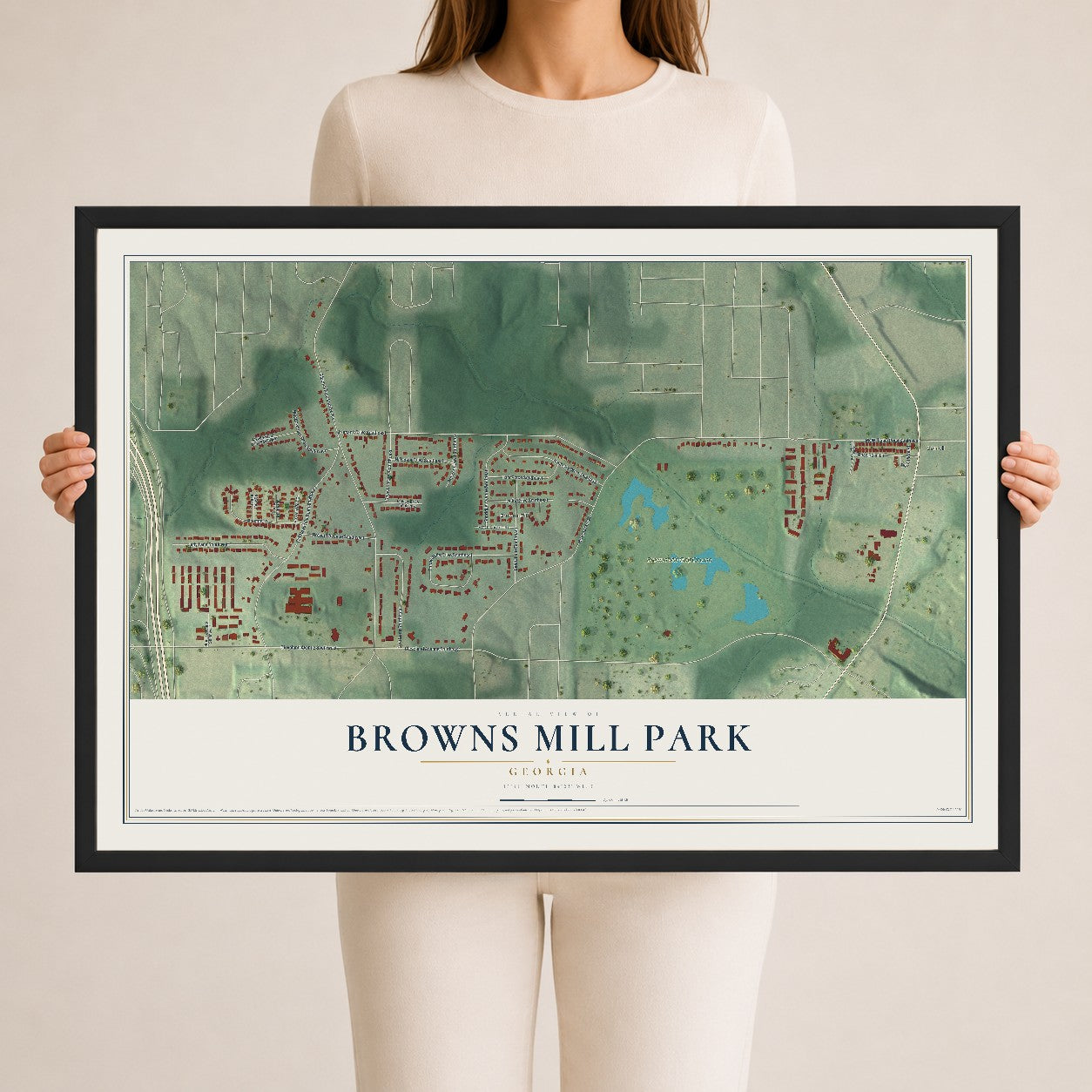Browns Mill Park, Georgia map print, 24" x 36" W/ Black Ayous Wood Frame mockup