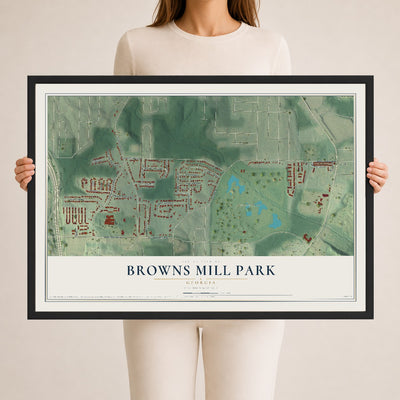 Browns Mill Park, Georgia map print, 24" x 36" W/ Black Ayous Wood Frame mockup