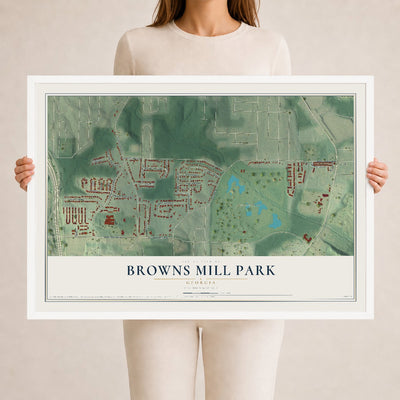 Browns Mill Park, Georgia map print, 24" x 36" W/ White Ayous Wood Frame mockup