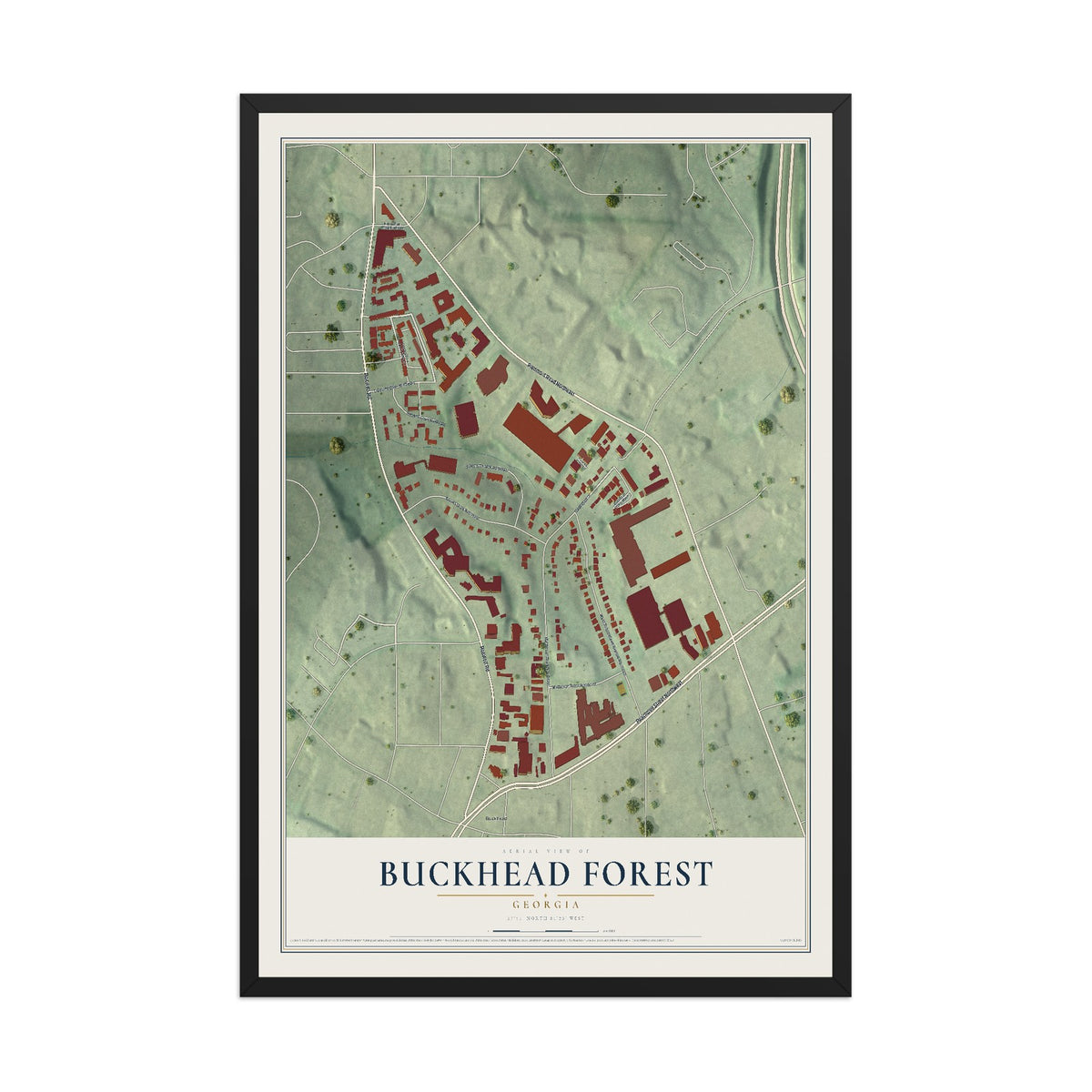 Buckhead Forest, Georgia map print, 12" x 18" W/ Black Ayous Wood Frame mockup