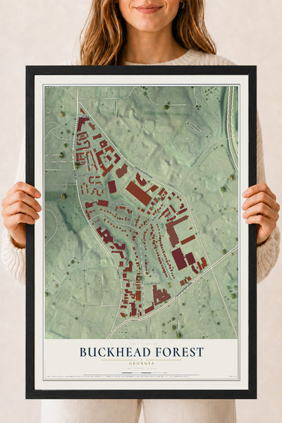 Buckhead Forest, Georgia map print, 18" x 24" W/ Black Ayous Wood Frame mockup