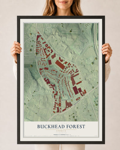 Buckhead Forest, Georgia map print, 24" x 36" W/ Black Ayous Wood Frame mockup