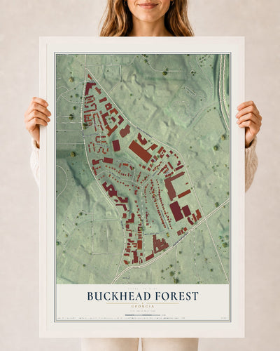 Buckhead Forest, Georgia map print, 24" x 36" W/ White Ayous Wood Frame mockup