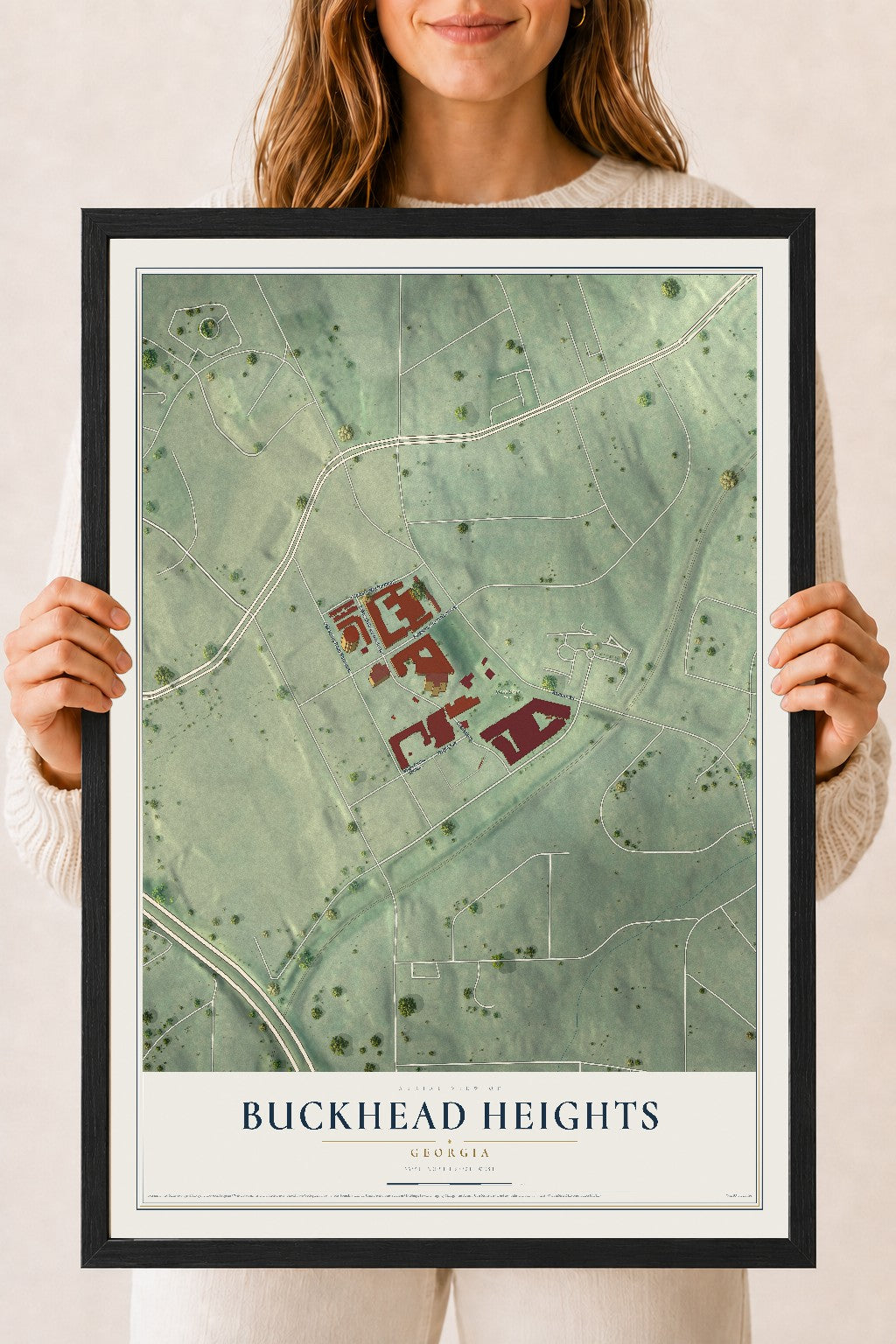 Buckhead Heights, Georgia map print, 18" x 24" W/ Black Ayous Wood Frame mockup