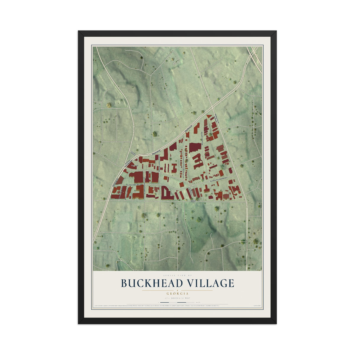 Buckhead Village, Georgia map print, 12" x 18" W/ Black Ayous Wood Frame mockup