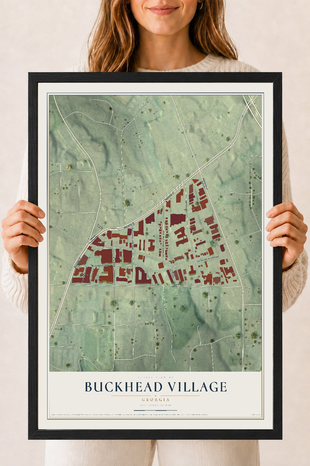 Buckhead Village, Georgia map print, 18" x 24" W/ Black Ayous Wood Frame mockup