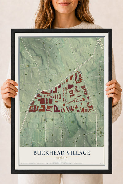 Buckhead Village, Georgia map print, 18" x 24" W/ Black Ayous Wood Frame mockup