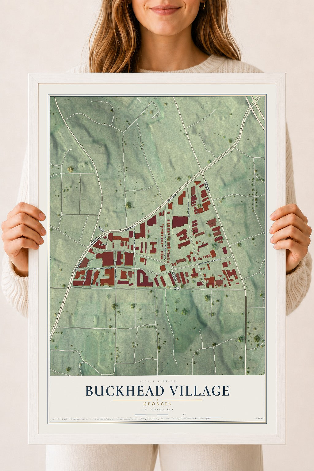 Buckhead Village, Georgia map print, 18" x 24" W/ White Ayous Wood Frame mockup
