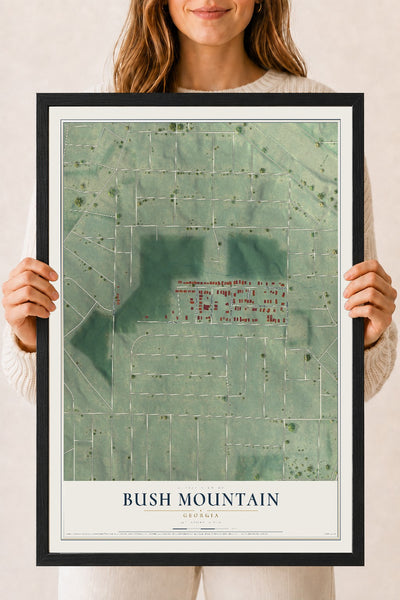 Bush Mountain, Georgia map print, 18" x 24" W/ Black Ayous Wood Frame mockup