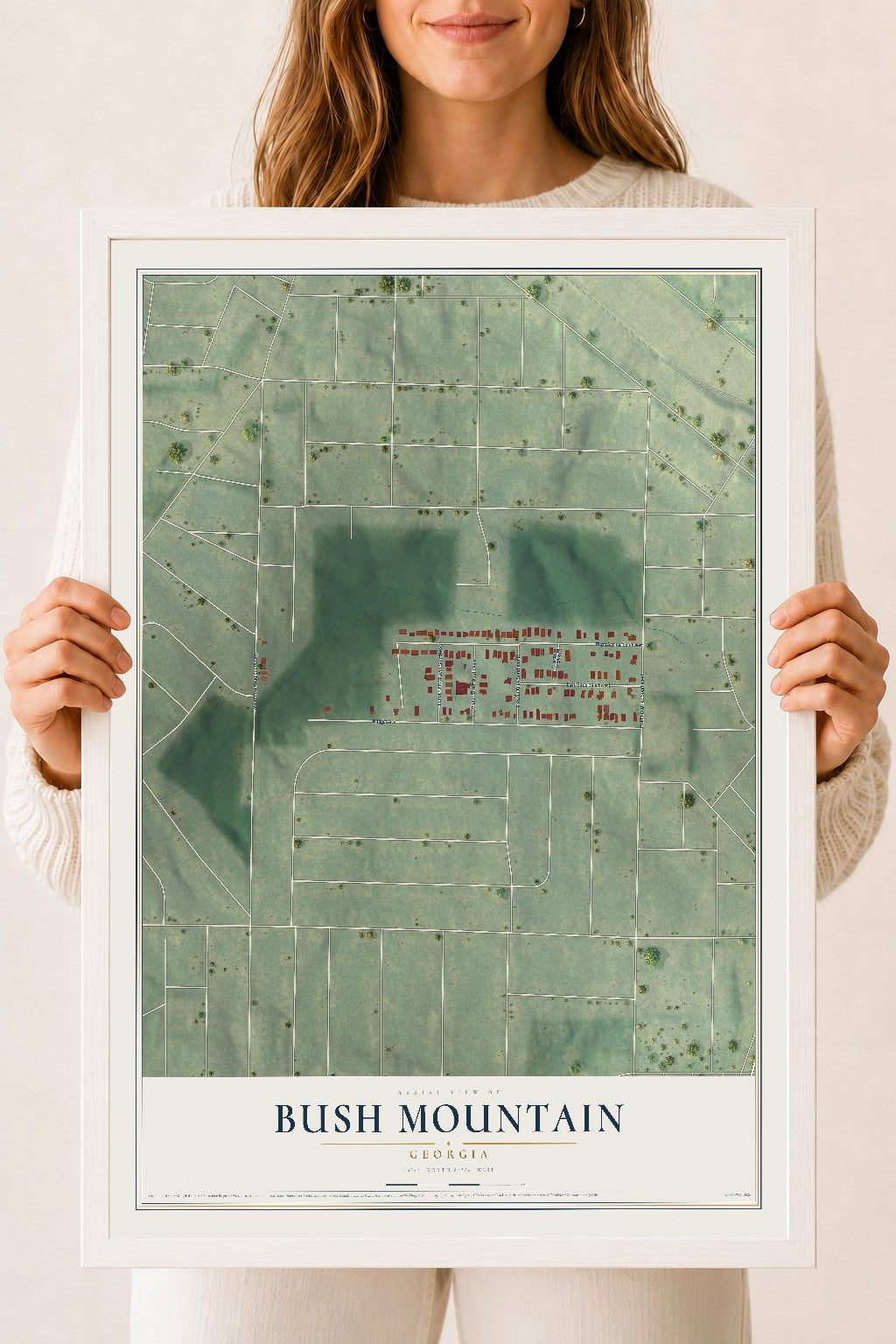 Bush Mountain, Georgia map print, 18" x 24" W/ White Ayous Wood Frame mockup