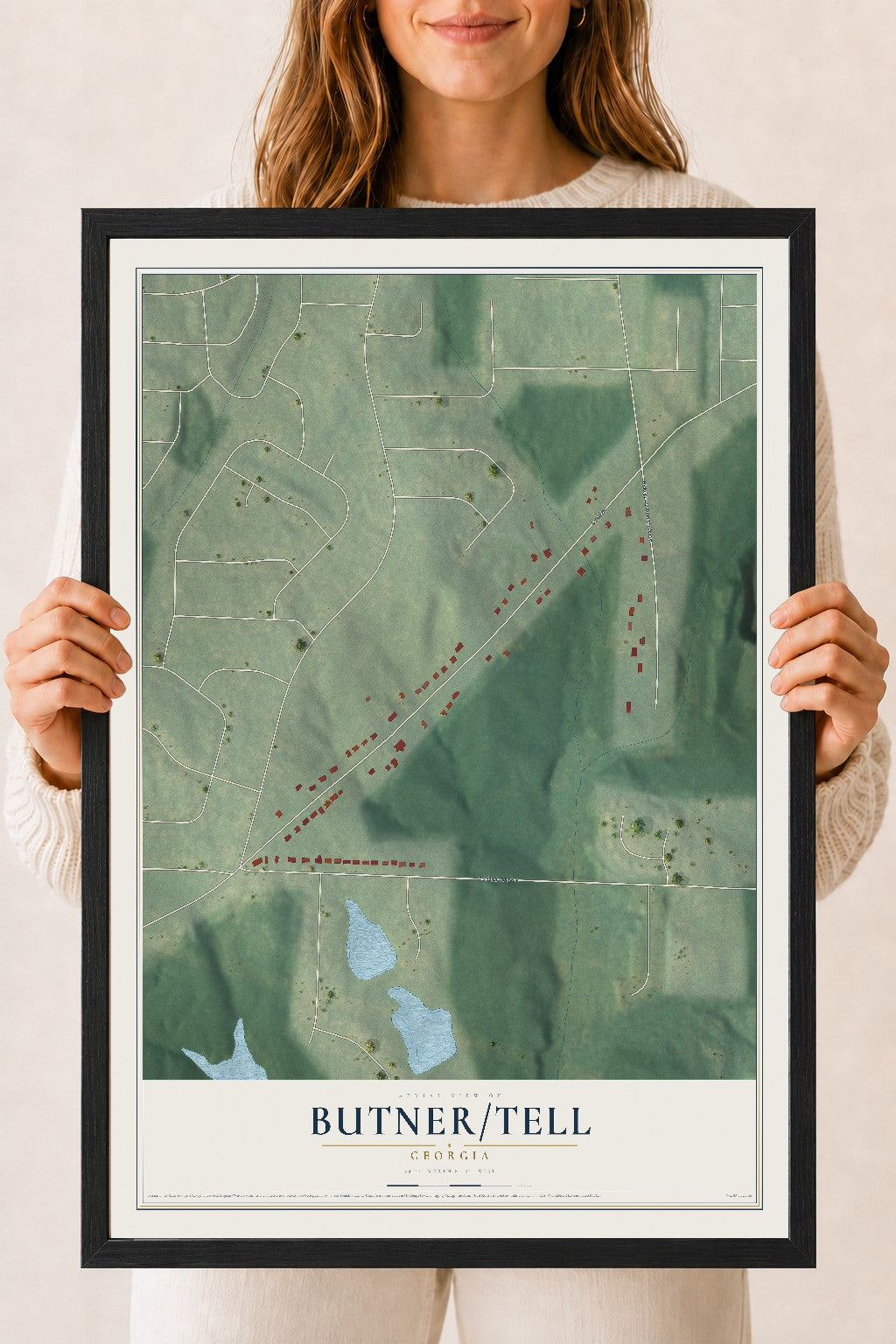 Butner-Tell, Georgia map print, 18" x 24" W/ Black Ayous Wood Frame mockup