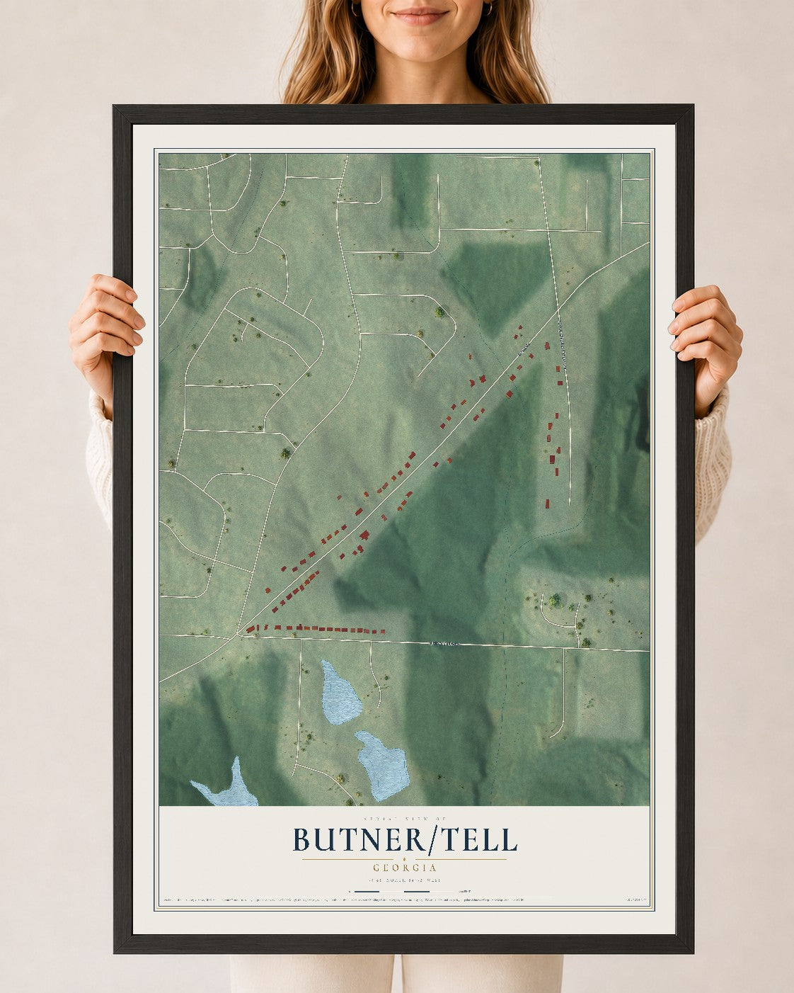 Butner-Tell, Georgia map print, 24" x 36" W/ Black Ayous Wood Frame mockup