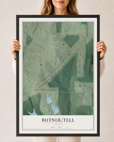 Butner-Tell, Georgia map print, 24" x 36" W/ Black Ayous Wood Frame mockup