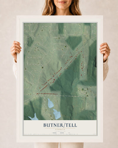 Butner-Tell, Georgia map print, 24" x 36" W/ White Ayous Wood Frame mockup