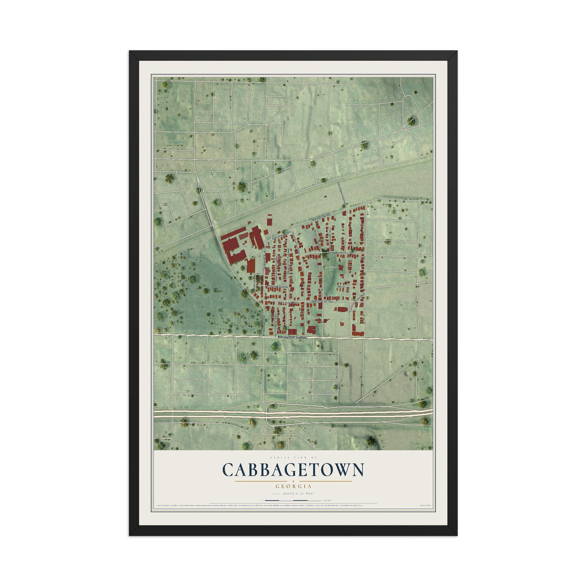 Cabbagetown, Georgia map print, 12" x 18" W/ Black Ayous Wood Frame mockup