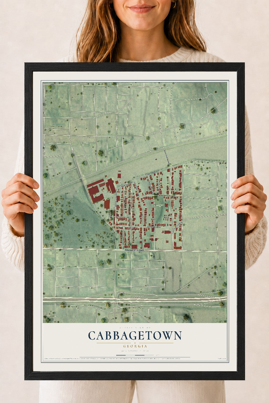 Cabbagetown, Georgia map print, 18" x 24" W/ Black Ayous Wood Frame mockup