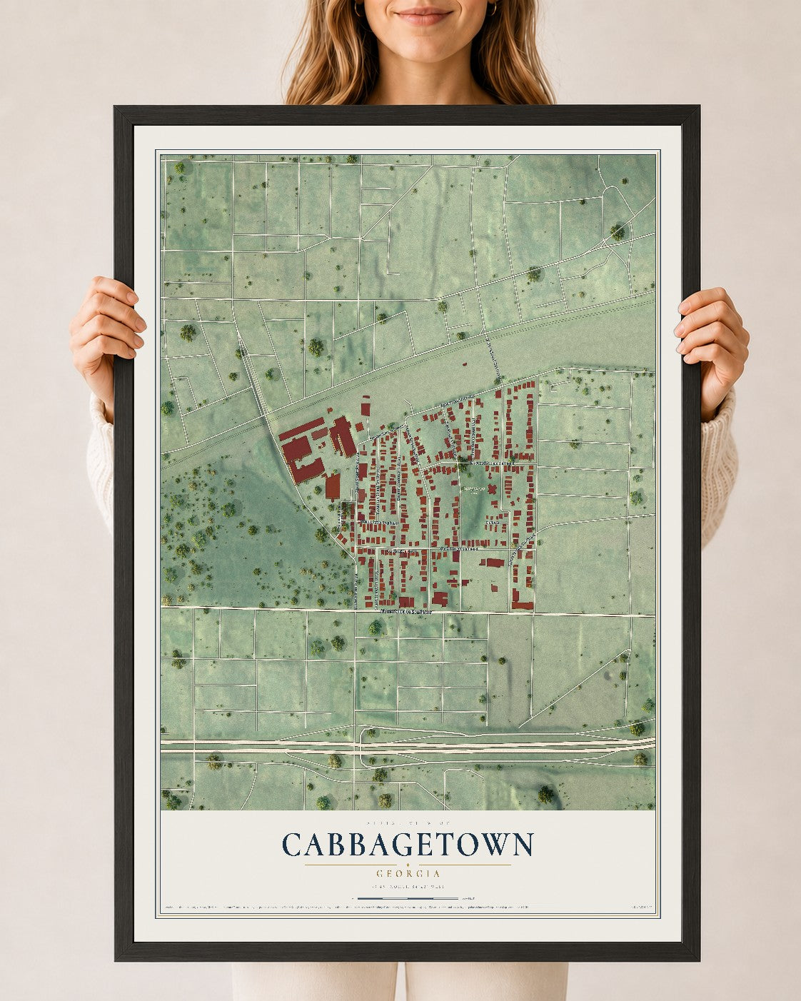 Cabbagetown, Georgia map print, 24" x 36" W/ Black Ayous Wood Frame mockup