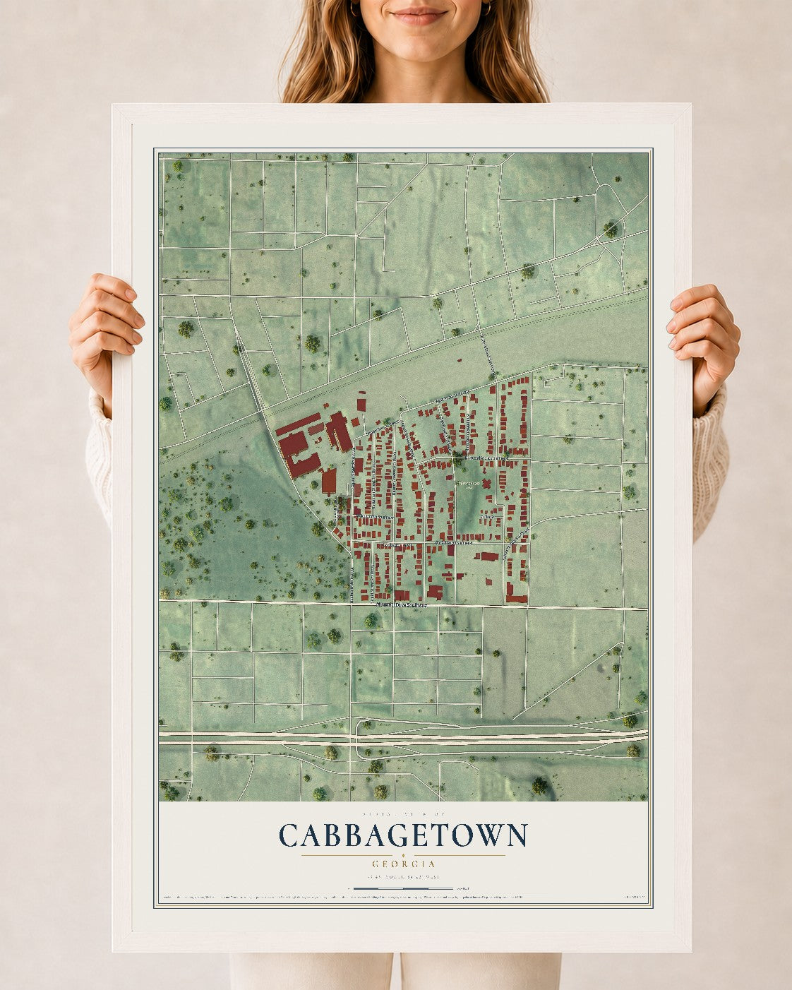 Cabbagetown, Georgia map print, 24" x 36" W/ White Ayous Wood Frame mockup