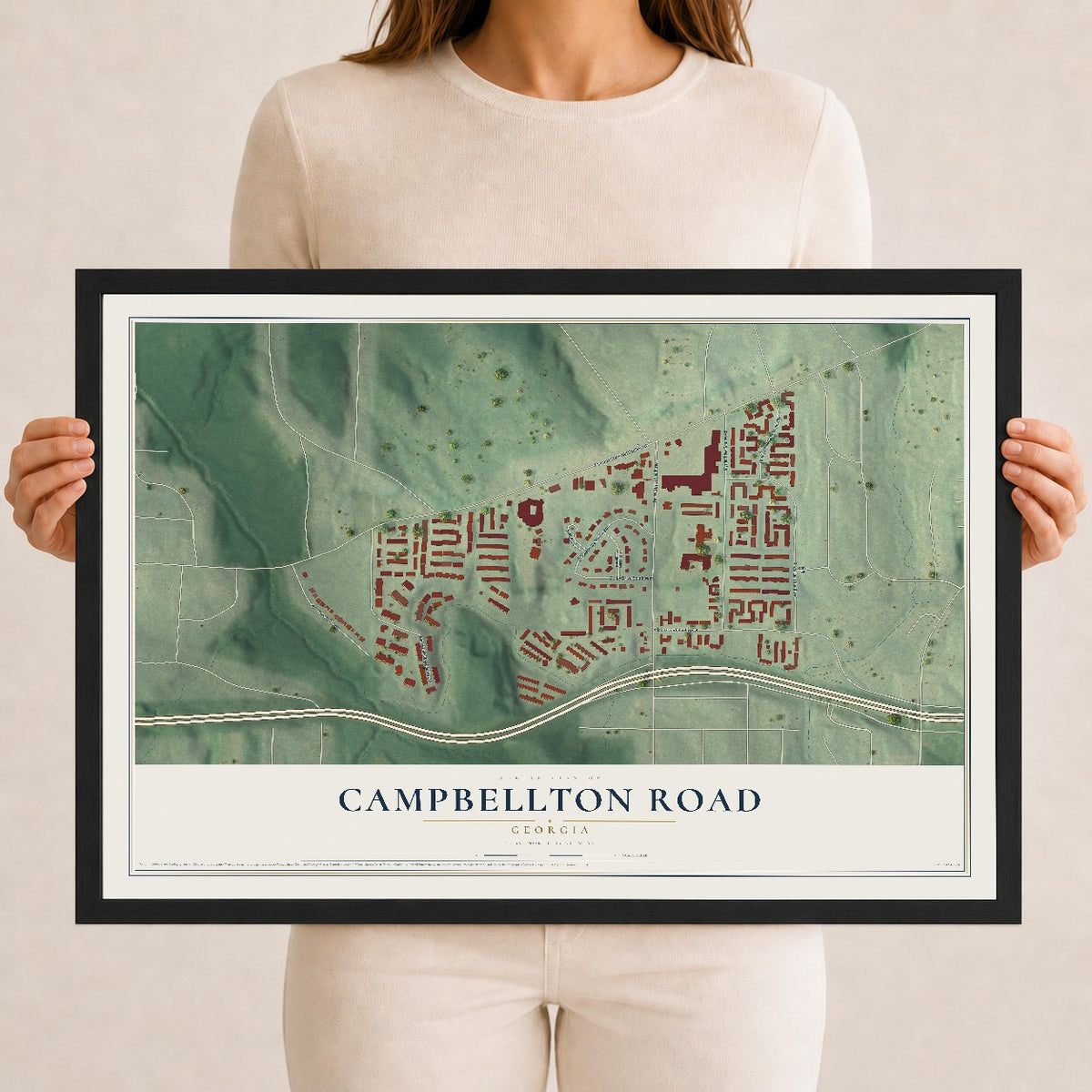 Campbellton Road, Georgia map print, 12" x 18" W/ Black Ayous Wood Frame mockup