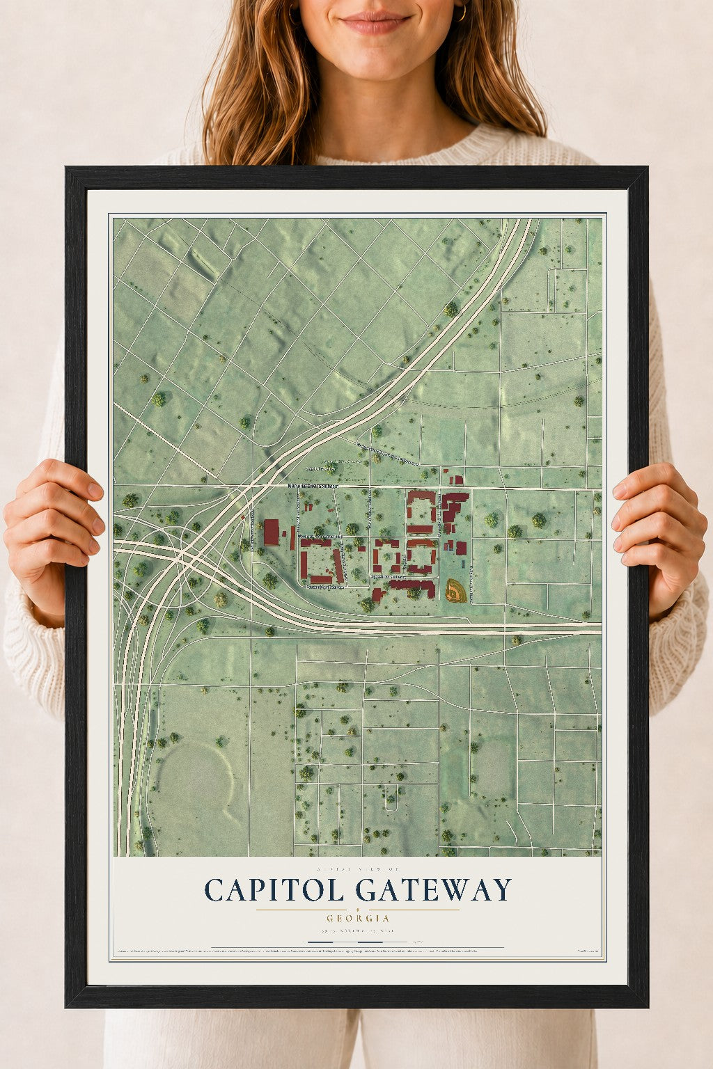 Capitol Gateway, Georgia map print, 18" x 24" W/ Black Ayous Wood Frame mockup