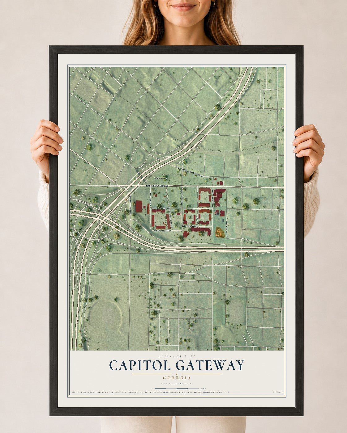 Capitol Gateway, Georgia map print, 24" x 36" W/ Black Ayous Wood Frame mockup