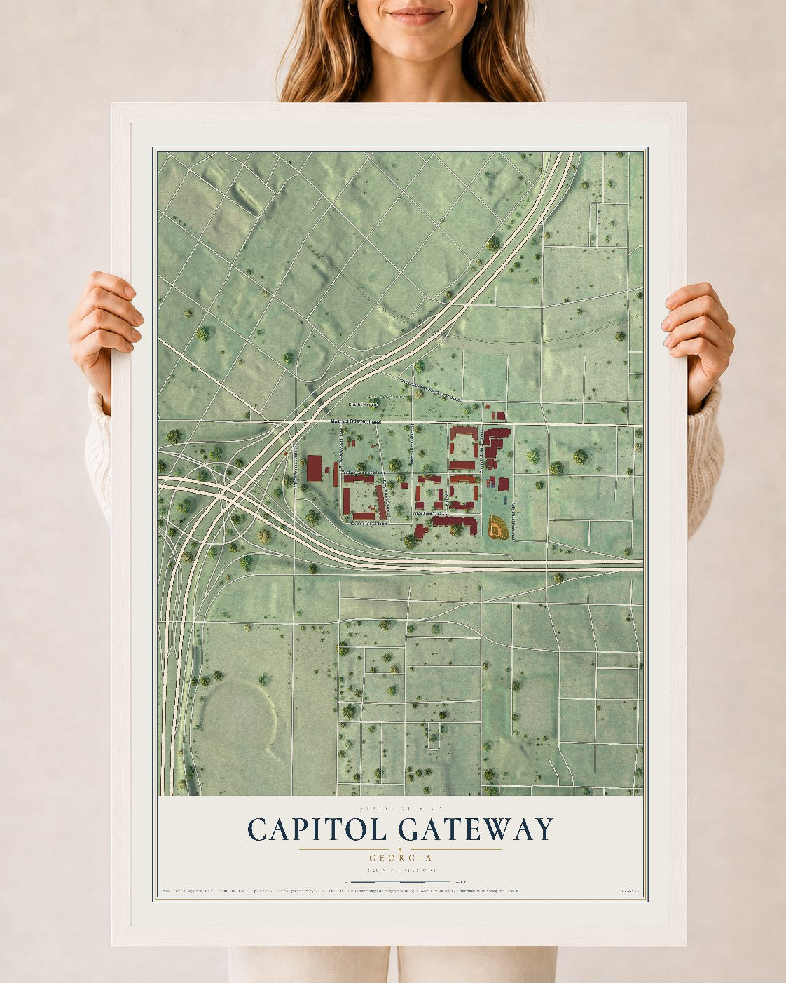Capitol Gateway, Georgia map print, 24" x 36" W/ White Ayous Wood Frame mockup