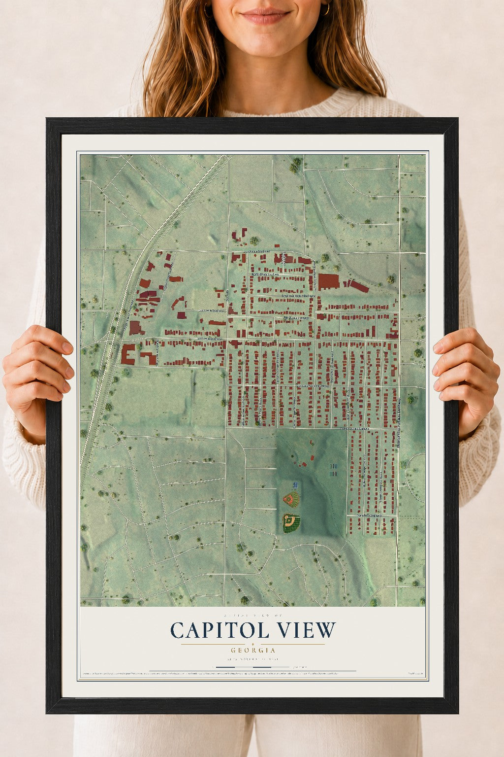 Capitol View, Georgia map print, 18" x 24" W/ Black Ayous Wood Frame mockup