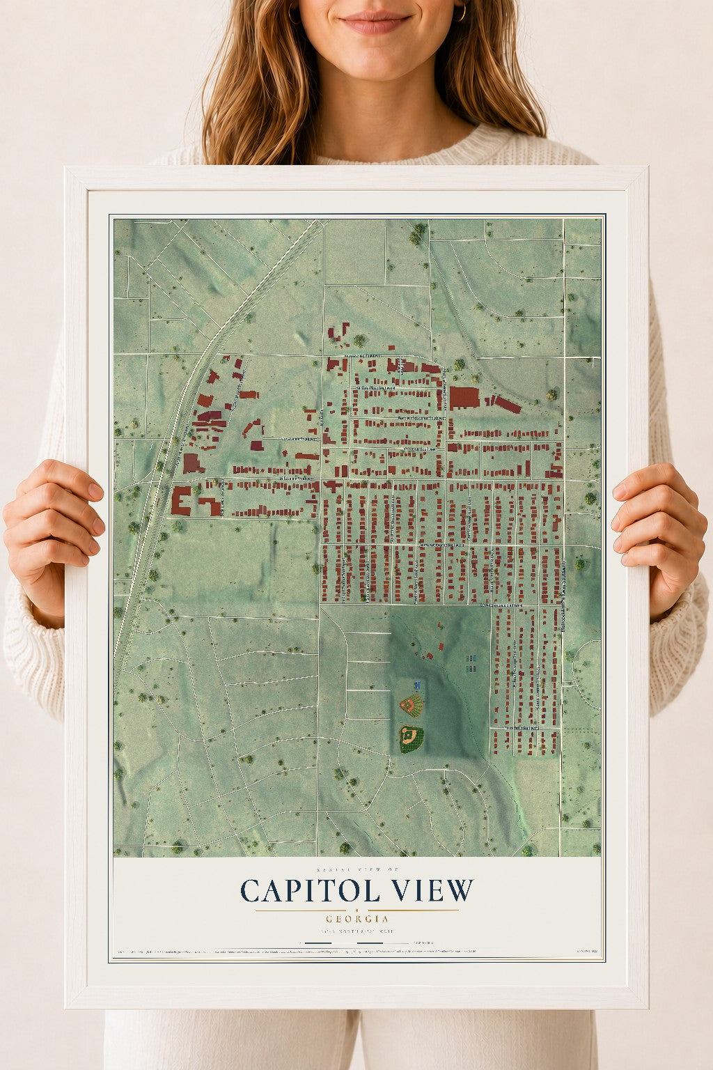 Capitol View, Georgia map print, 18" x 24" W/ White Ayous Wood Frame mockup