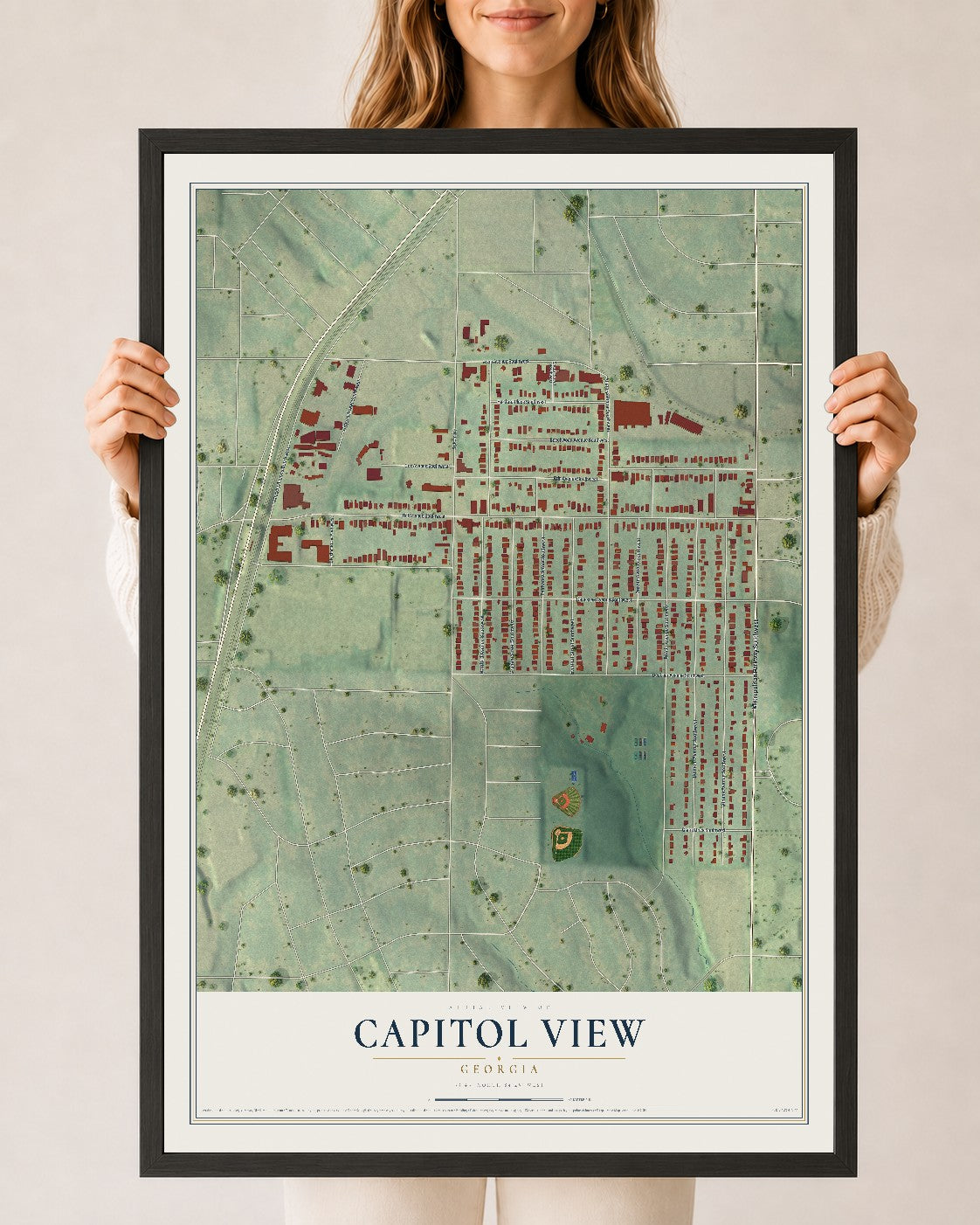 Capitol View, Georgia map print, 24" x 36" W/ Black Ayous Wood Frame mockup