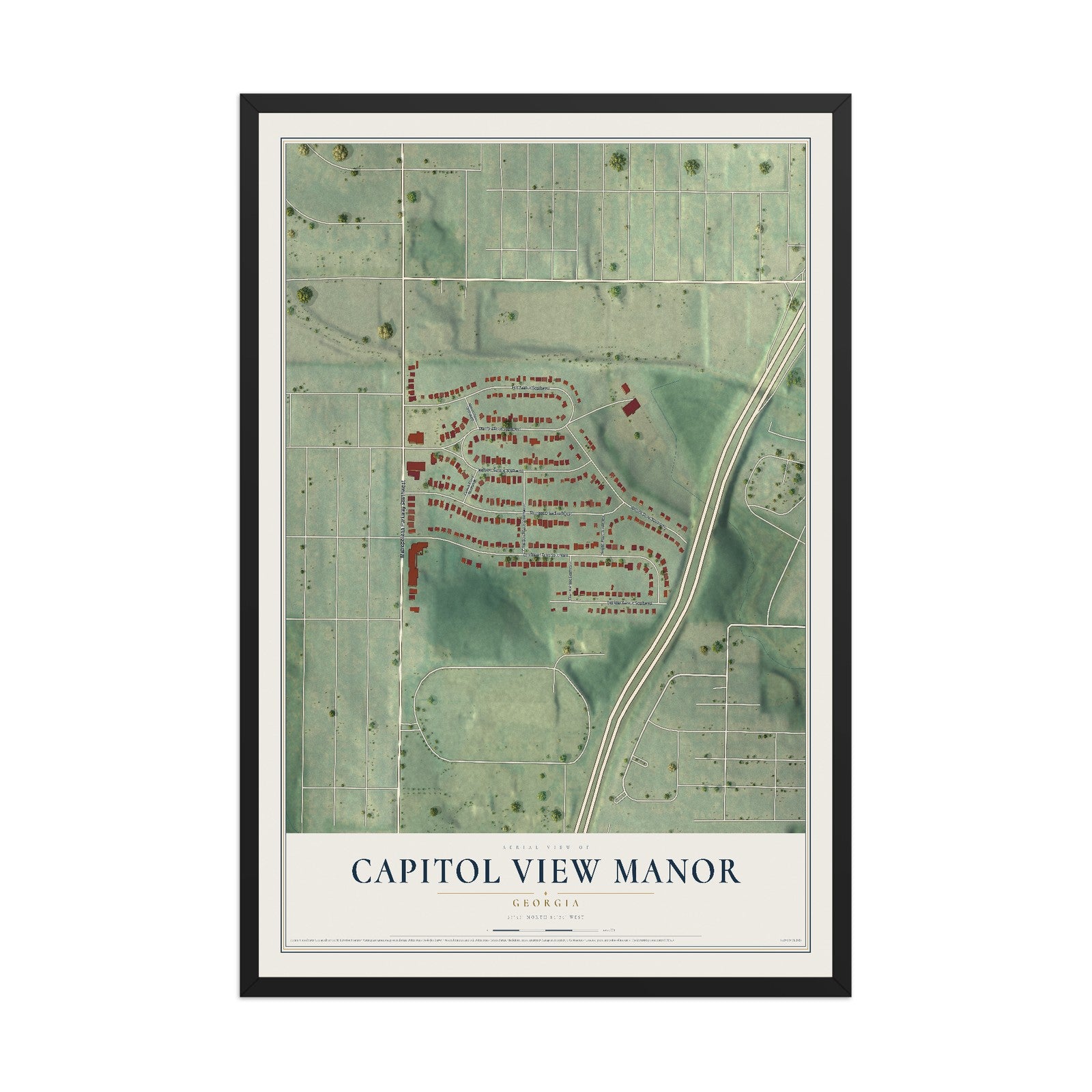 Capitol View Manor, Georgia map print, 12" x 18" W/ Black Ayous Wood Frame mockup